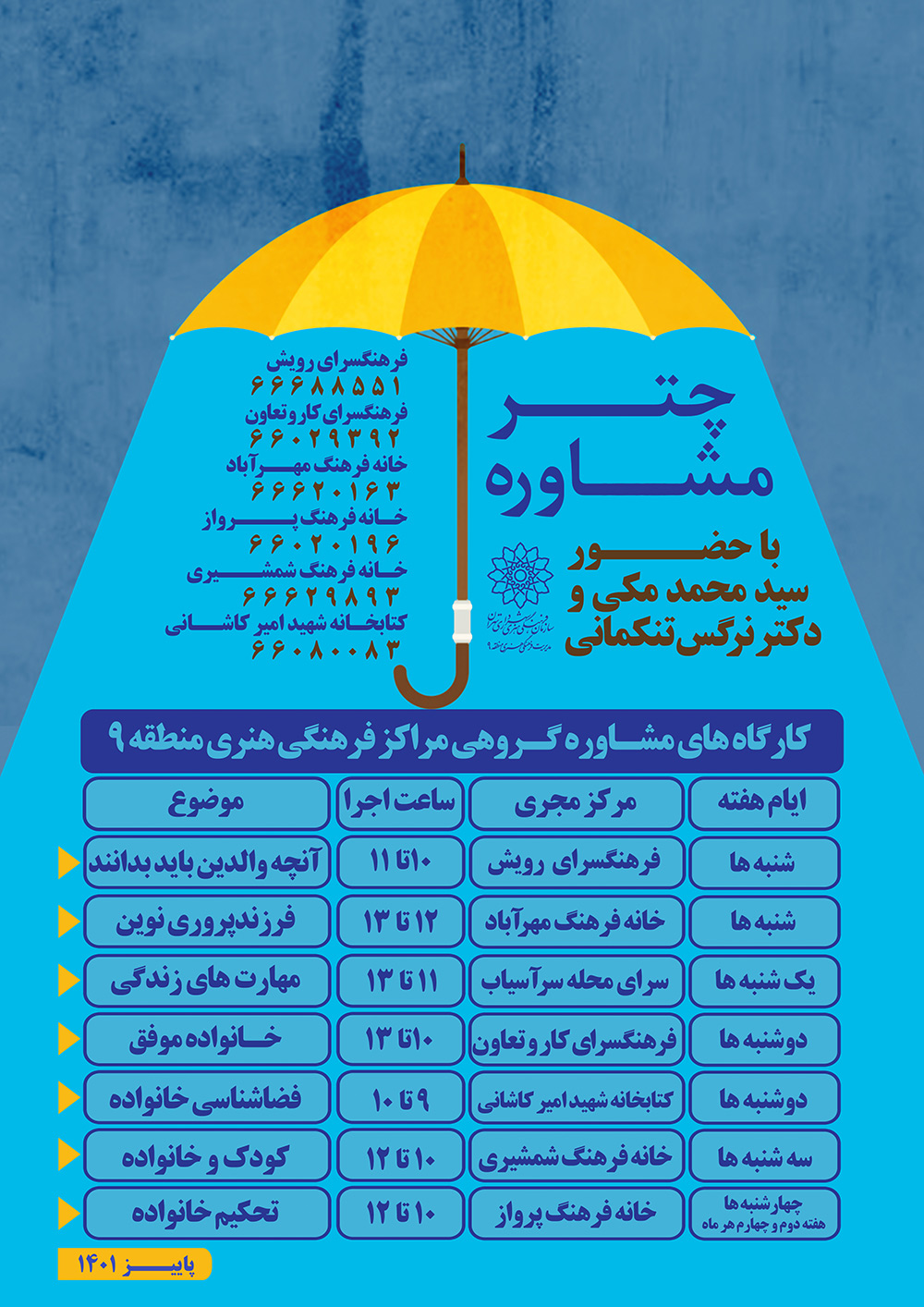 چتر مشاوره بصورت رایگان در اختیار خانواده های منطقه 9